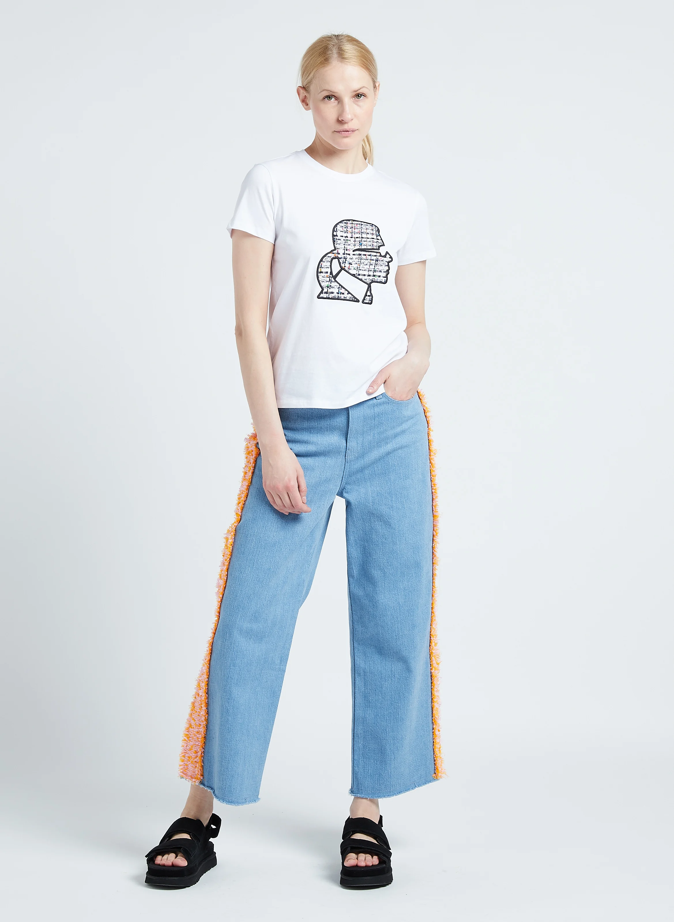 Jean droit et tissu bouclé en coton stretch | Bleu