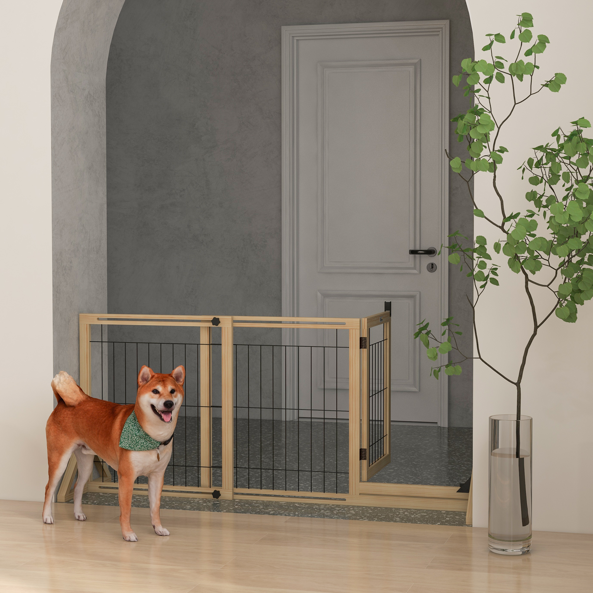 Portão de madeira para cães PawHut, extensível, com 2 painéis e pés de apoio triangulares para portas, corredores e escadas, 112-159 x 44 x 70 cm, cor natural.