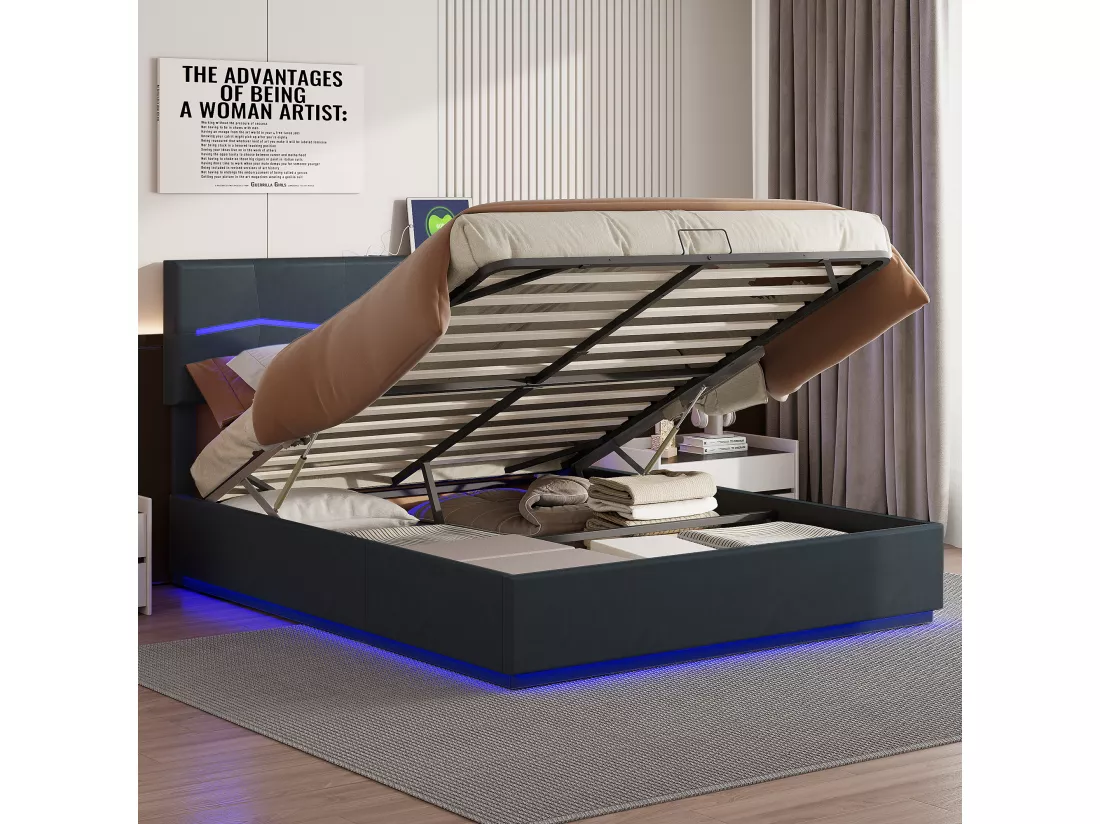 Lit coffre 160 x 200 cm avec éclairage LED et charge USB - hydraulique - Lit 2 Personnes - PU - Noir