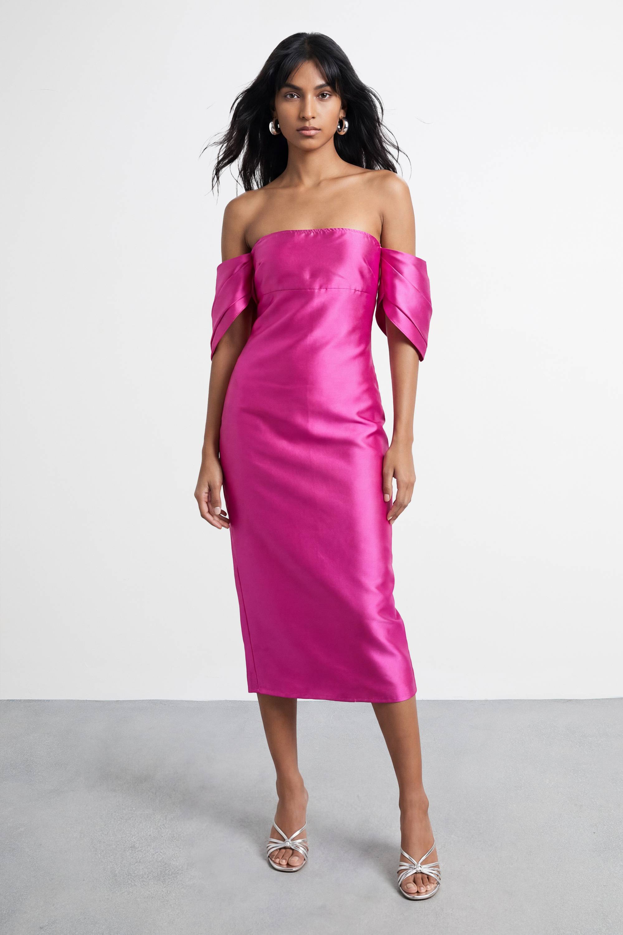 Warehouse Robe Midi Bardot à Manches Bouffantes Structurée Petite Taille