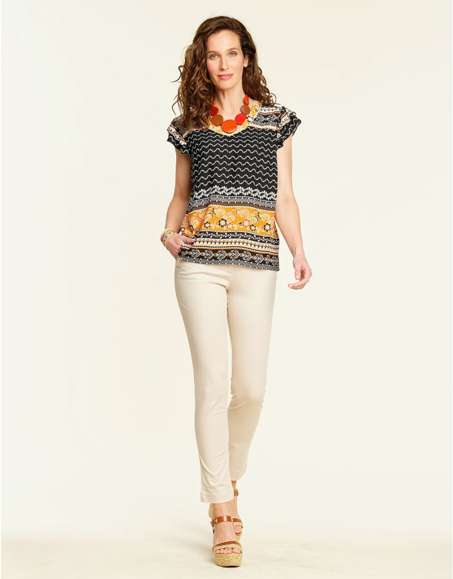 Top chic ocre imprimé