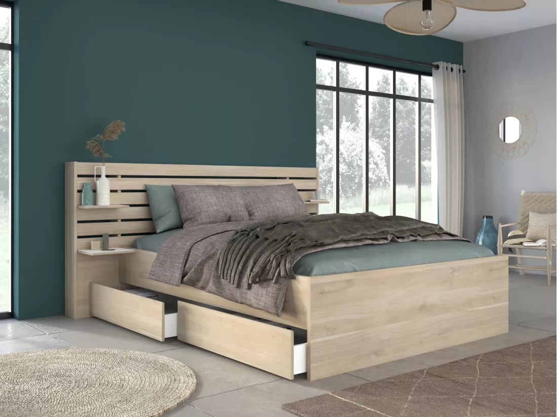 Lit 140 x 190/200 cm avec rangements - Coloris : Naturel + Sommier - TENALIA II