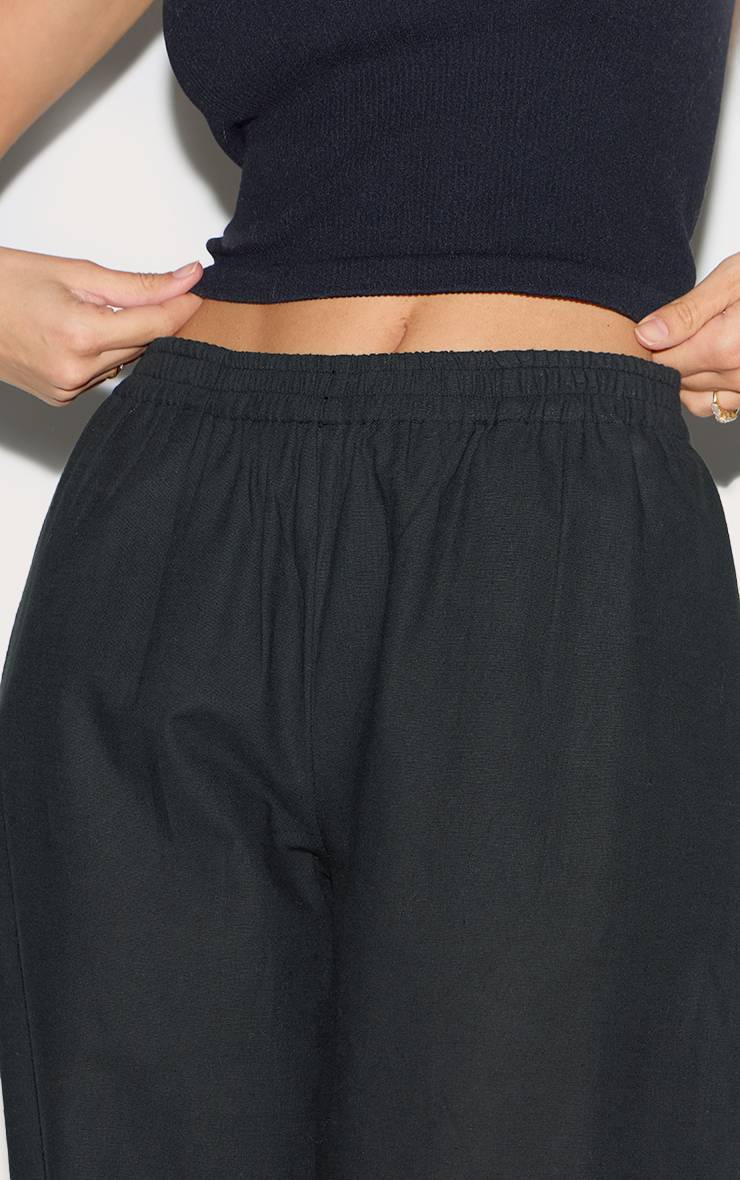 Noir Pantalon Droit À Taille Élastiquée En Mélange Coton Lin
