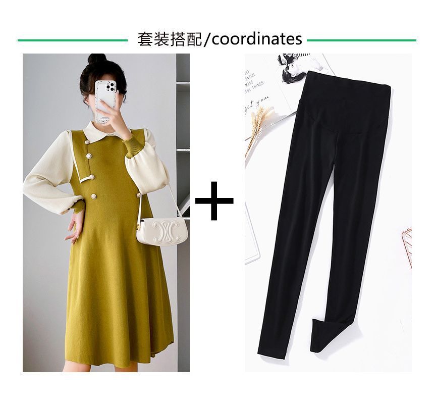 Levsayte - Zwangerschapskleding met hoge taille, effen cropped leggings / lange mouwen, kraag en tweekleurige truijurk / set