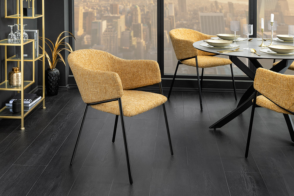 Design Stuhl NOBLESSE senfgelb Chenille schwarzes Metallgestell