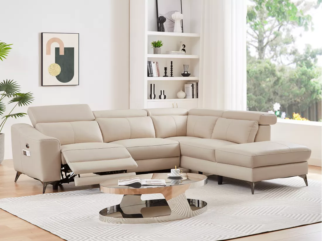Canapé d'angle droit relax électrique en cuir crème FORLO