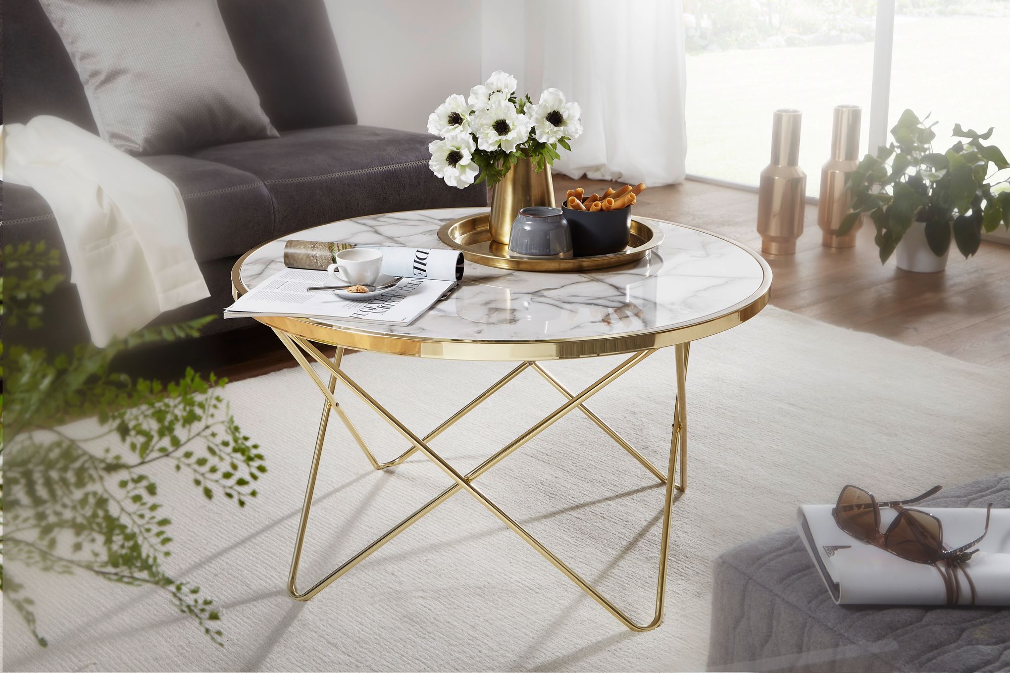FineBuy Design Couchtisch Marmor Optik Weiß Ø 85 cm Gold Wohnzimmertisch Rund