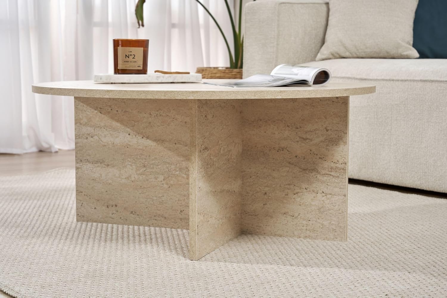 Stylish Coffee Table, Travertine Color, 90 x 40 x 90 cm | 100% Melamine Coated Particle Board, 18 mm Thick | Perfect for Modern Living Rooms & Spaces