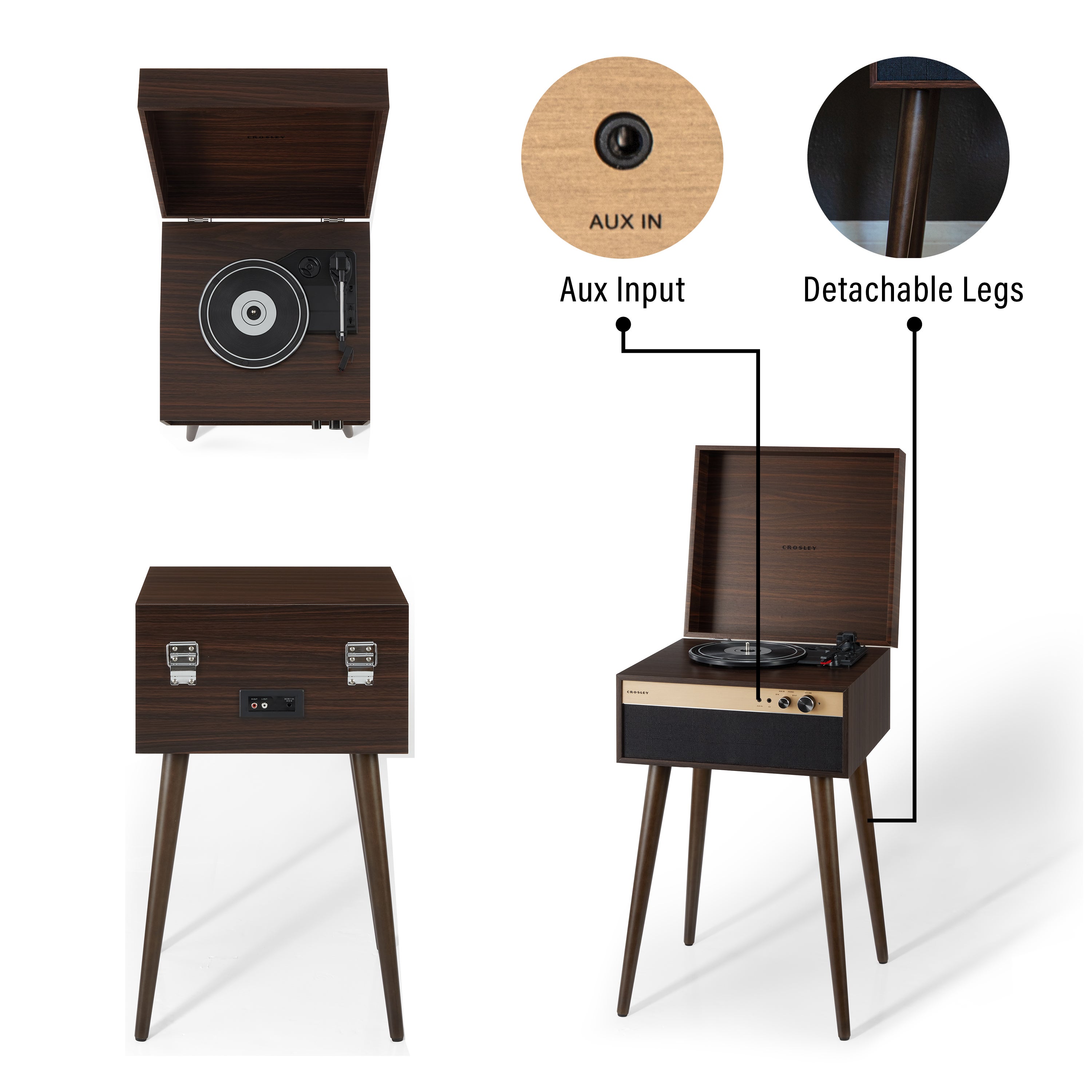 Crosley Jasper Walnut platenspeler/mediaspeler op pootjes