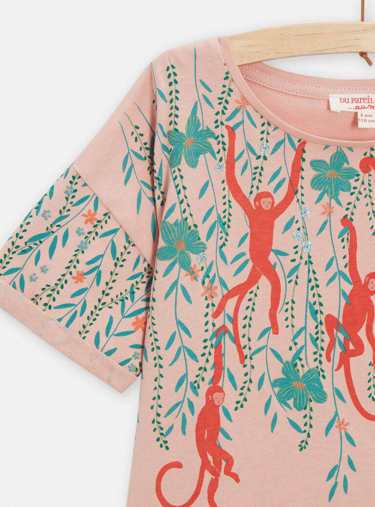 T-shirt rose animation singes dans la jungle pour fille