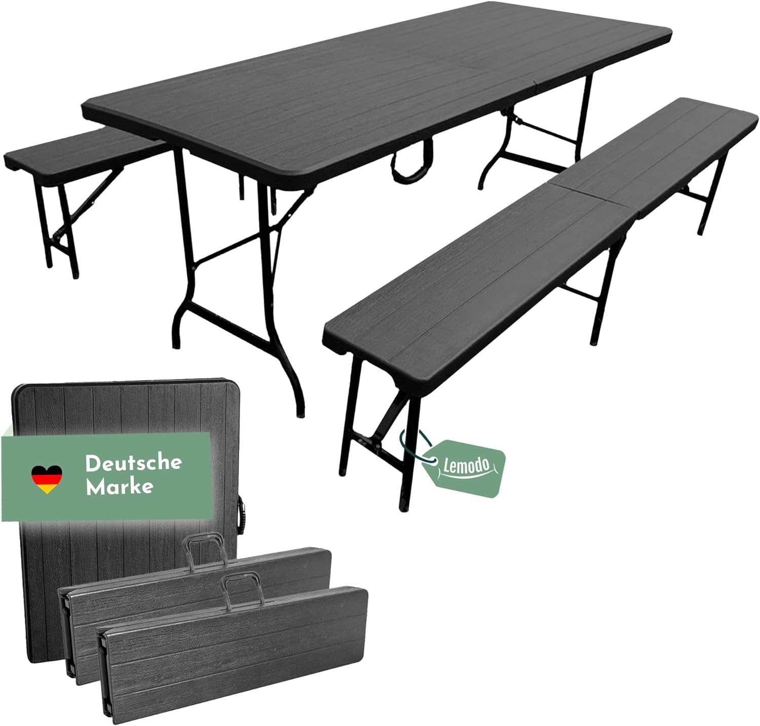 Lemodo Sitzgruppe bestehend aus Tisch und 2 Bänke Bierzeltgarnitur klappbar, 3-teilige Biertischgarnitur, einfach zu transportierende Bierbankgarnitur, Gartengarnitur