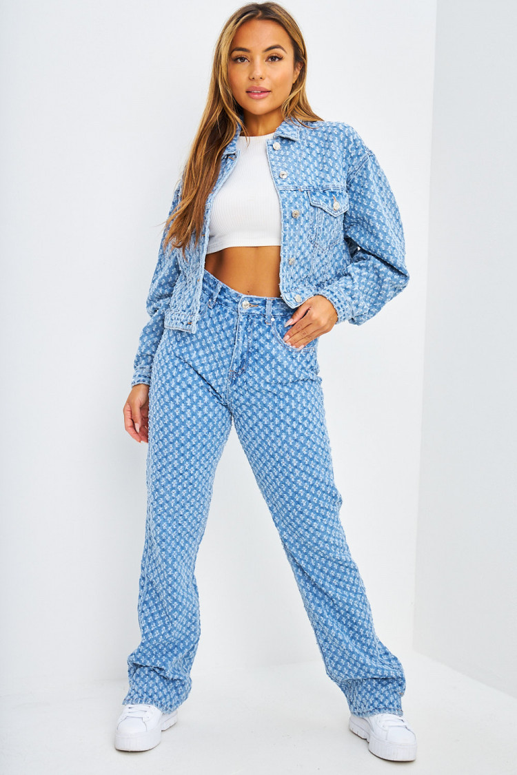 Veste courte en jeans bleue à trous