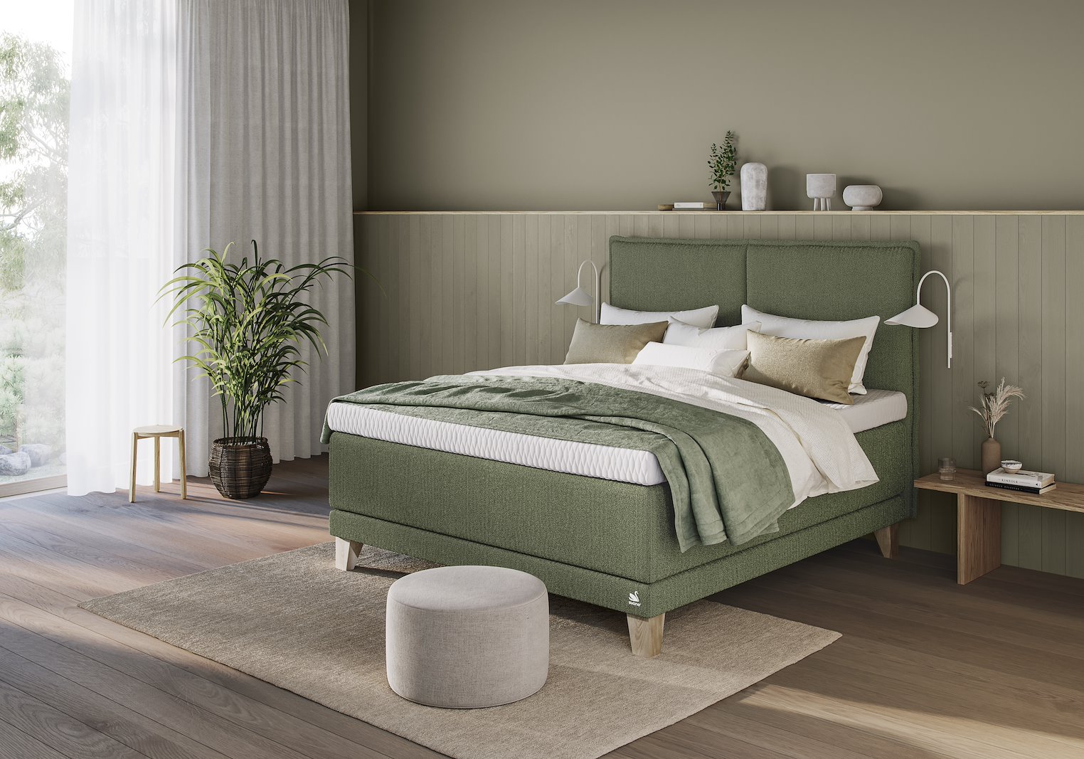 Zenon kontinentalseng Tekstil Dream Emerald Green, Integrert overmadrass og Square legs 19cm Oak