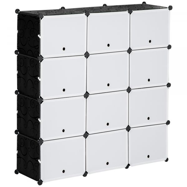 HomCom Armário Modular de Plástico Armário com 12 Cubos Organizadores de Sapatos Roupas Brinquedos 125x32x125cm Branco e Preto