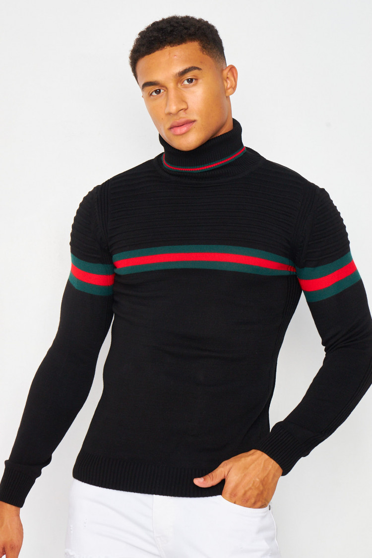 Pull noir col roulé à bande tricolore