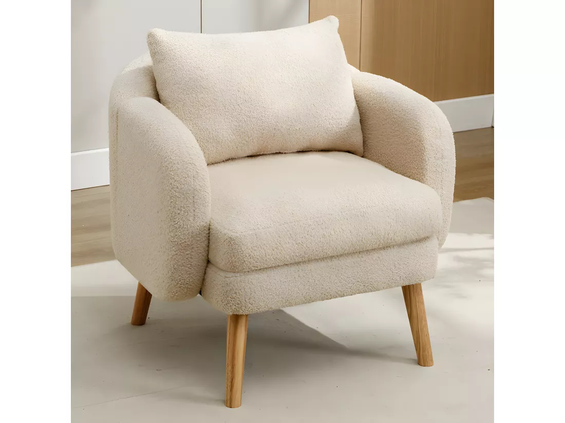 Fauteuil Canapé Fauteuil avec coussin à pieds en bois massif moderne et sobre en Teddy Tissu Beige