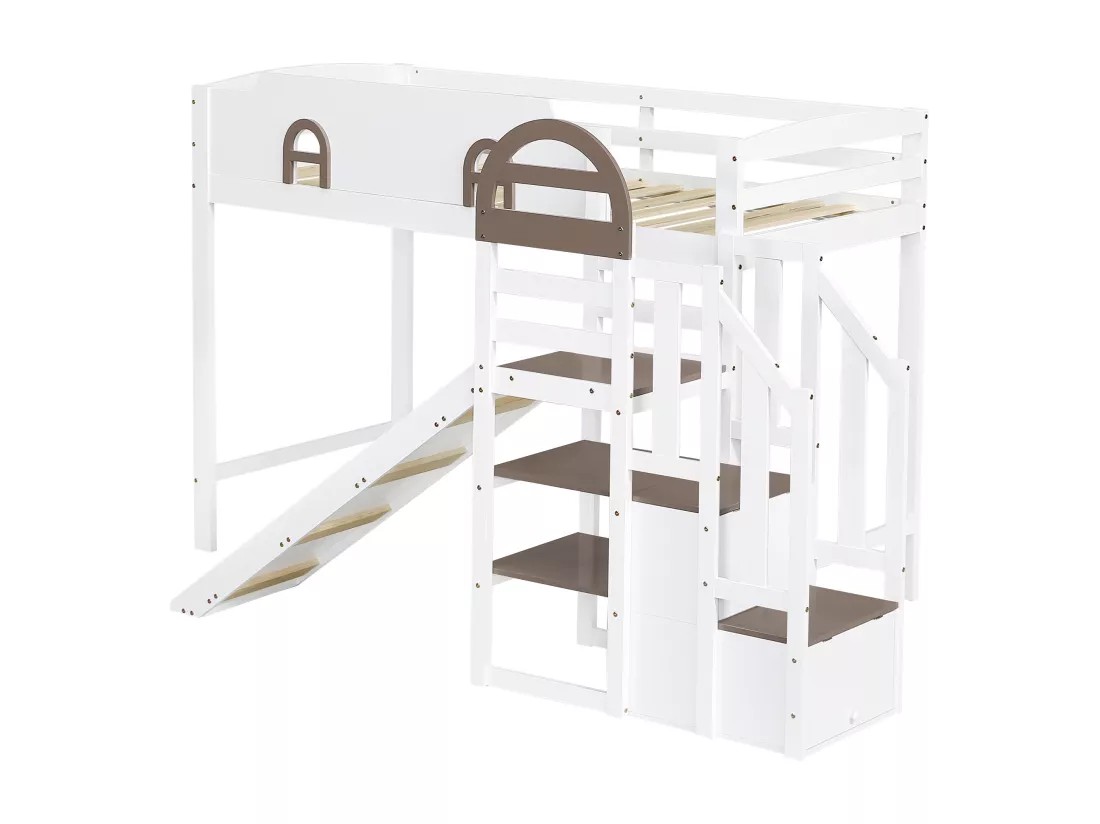 Lit mezzanine 90x200cm - avec fenêtre - avec toboggan - escalier avec rampe - bois massif + MDF - blanc + marron