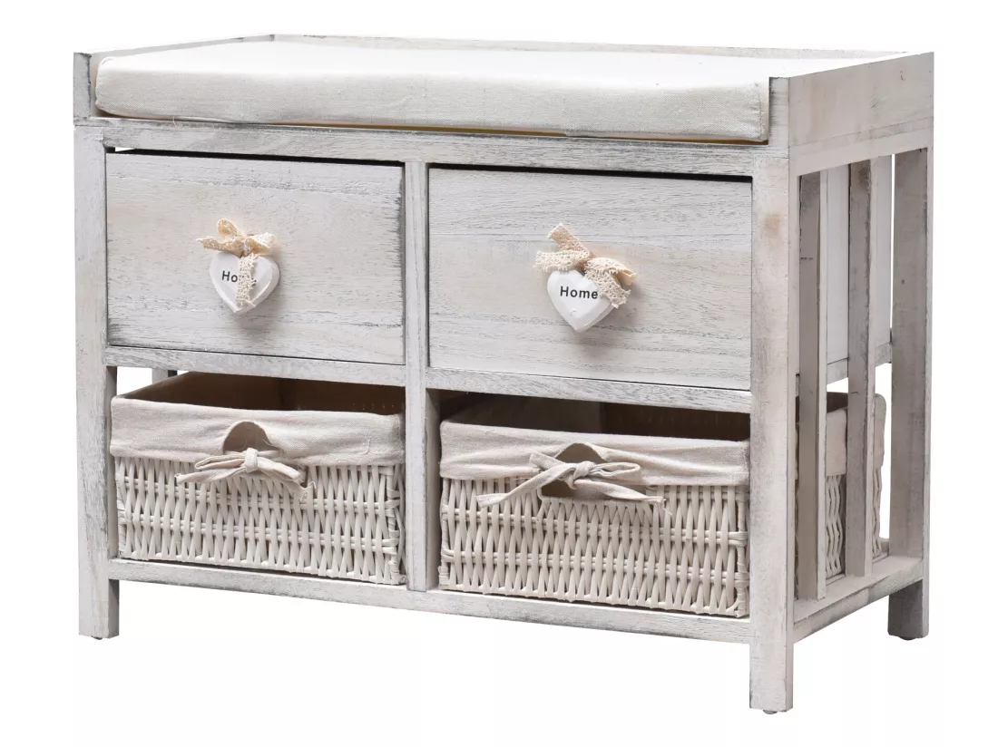 Banc Banquette Assise 2 Tiroirs Bois Blanc Shabby 46x60x30