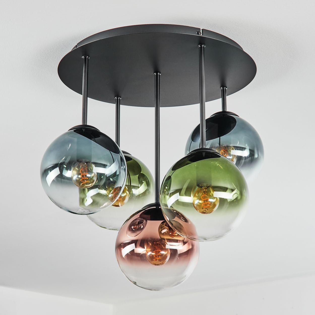 HOFSTEIN Deckenleuchte Gastor, 5-flammige Deckenlampe aus Metall/Glas in Schwarz/Blau/Grün/Kupfer/Klar, Leuchte im Retro/Vintage-Design (Schirme Ø 15 cm), E14, Esszimmer, Wohnzimmer, Schlafzimmer