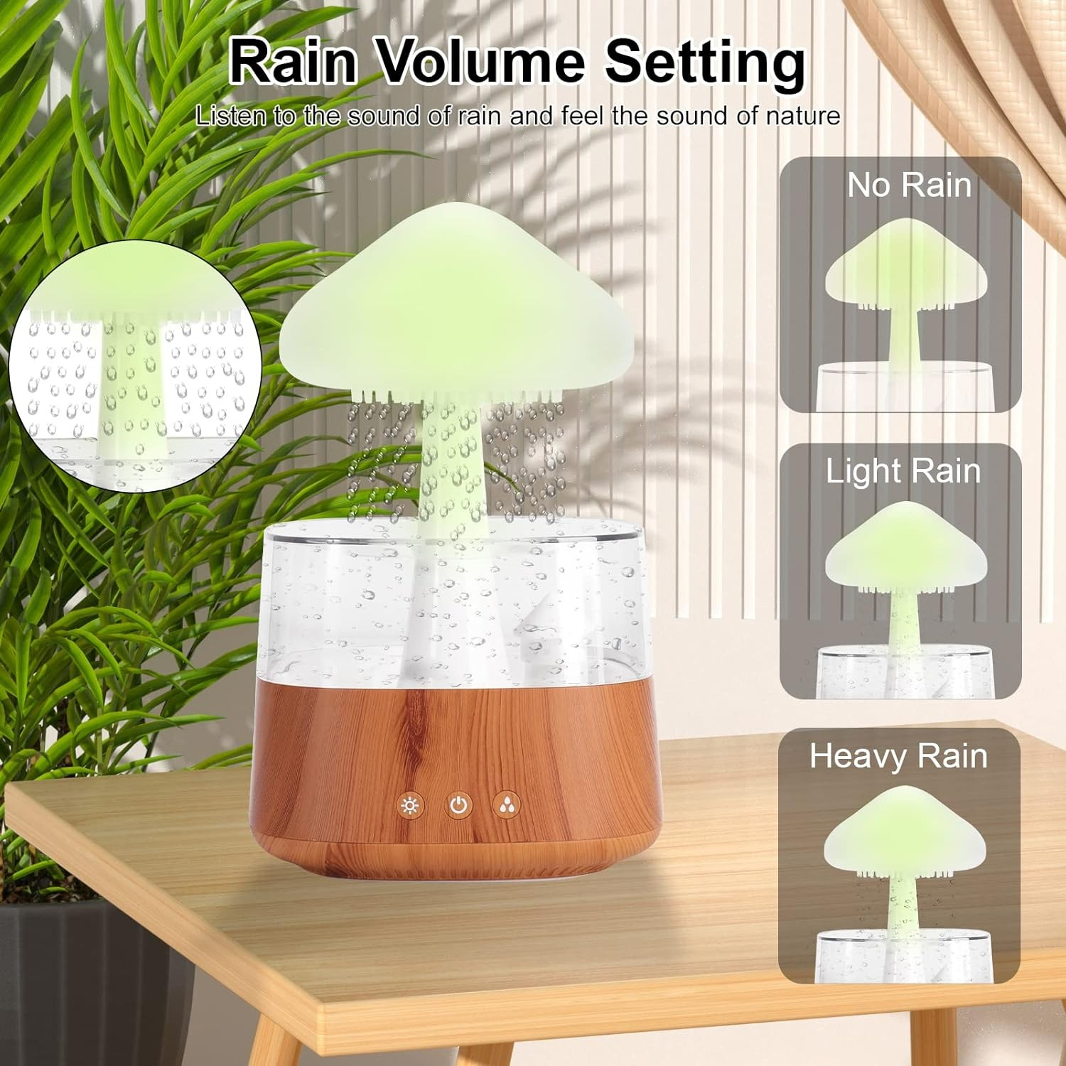 (450ml) USB Pilz Luftbefeuchter Wassertropfen Aroma Öl Diffuser Regen Wolke mit LED Beleuchtung inkl. Fernbedienung - Weiss / Braun