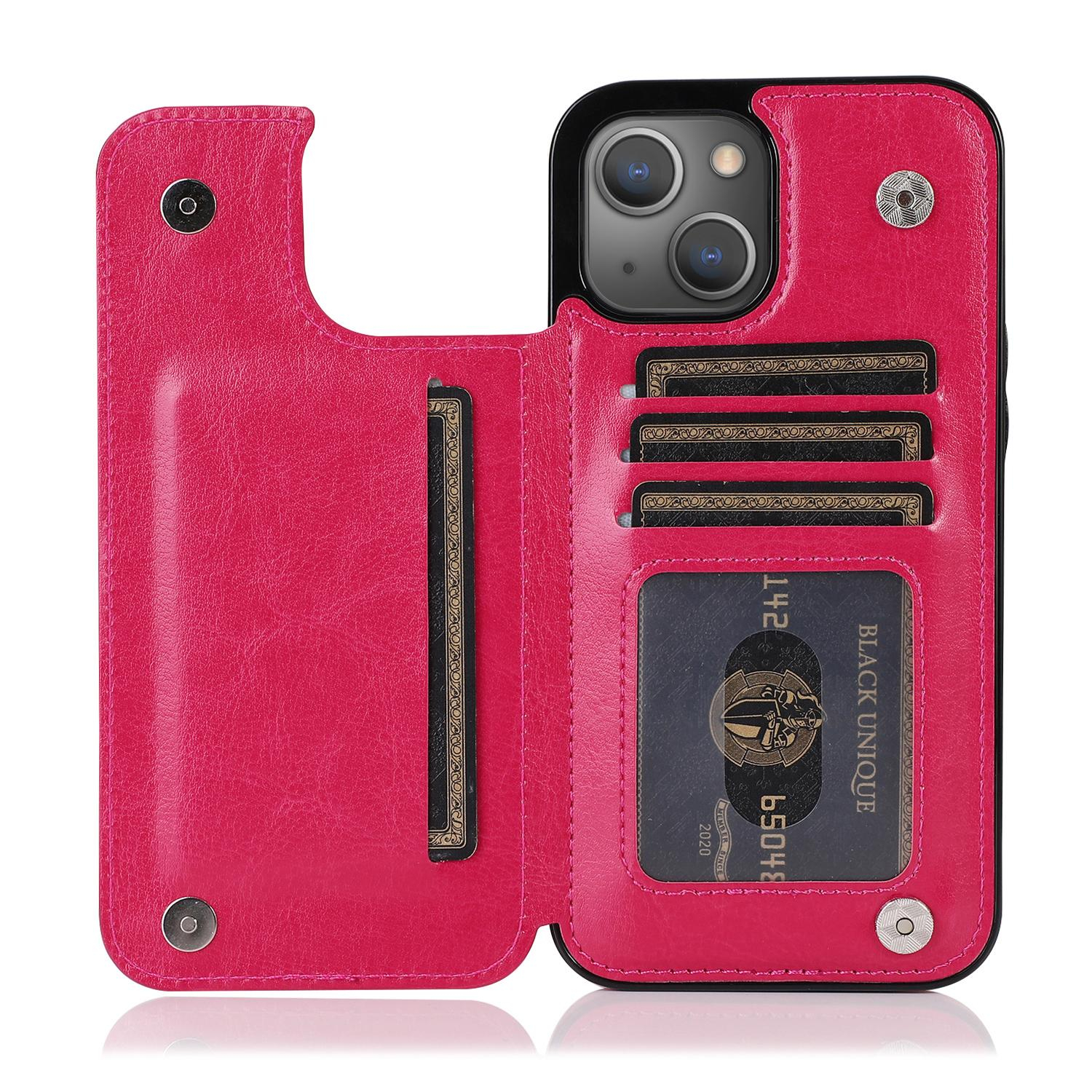 iPhone 14 Hybrid Leder Hülle mit Kartenfach   Kickstand Aufsteller - Pink