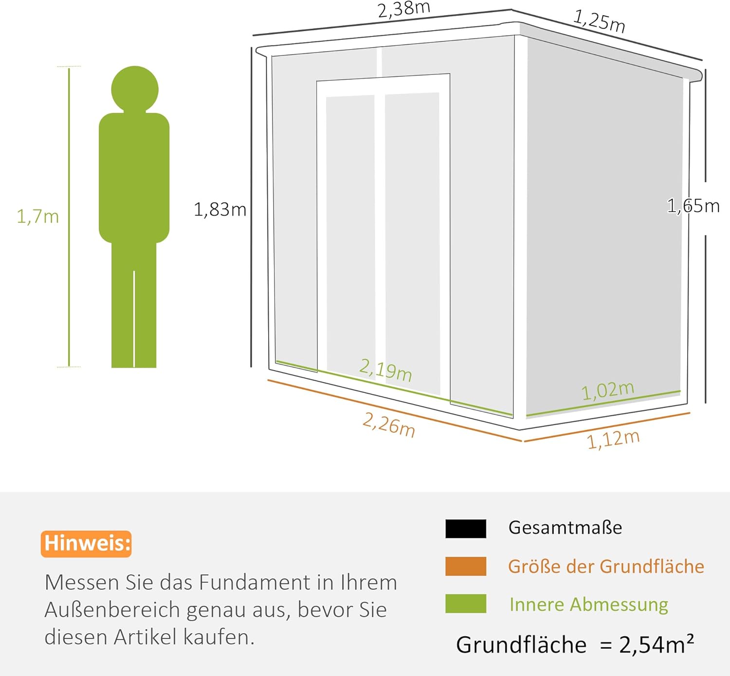 Outsunny Gerätehaus 2,54m², Wasserdicht Gartenhaus mit Boden Pultdach, 238x125x183/165 cm, Geräteschuppen mit Abschließbar Tür, Fenster Fahrradgarage Gartenschrank aus Alu, für Hinterhof, Garten, Grau