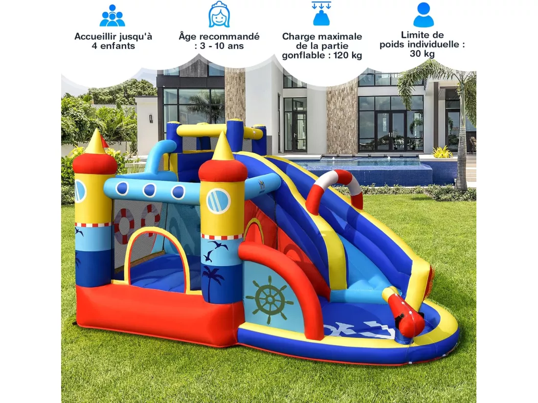 Aquatique Gonflable 6 en 1 avec Toboggan Incurvé Piscine à Eclaboussures Jeu Cible et Canon à Eau pour Enfants 3-10 ans（sans Gonfleur)