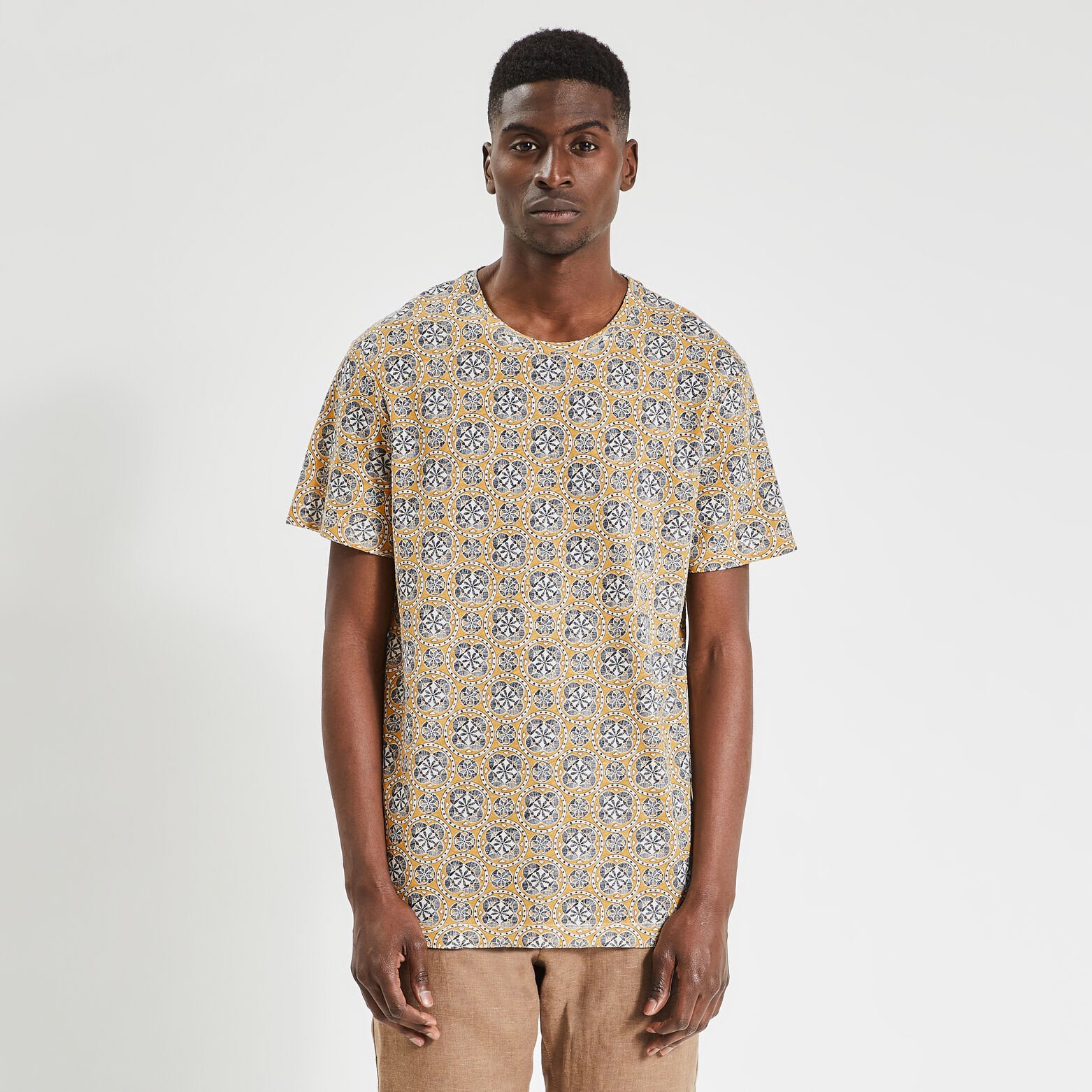 Tee shirt en coton lin imprimé Jaune foncé