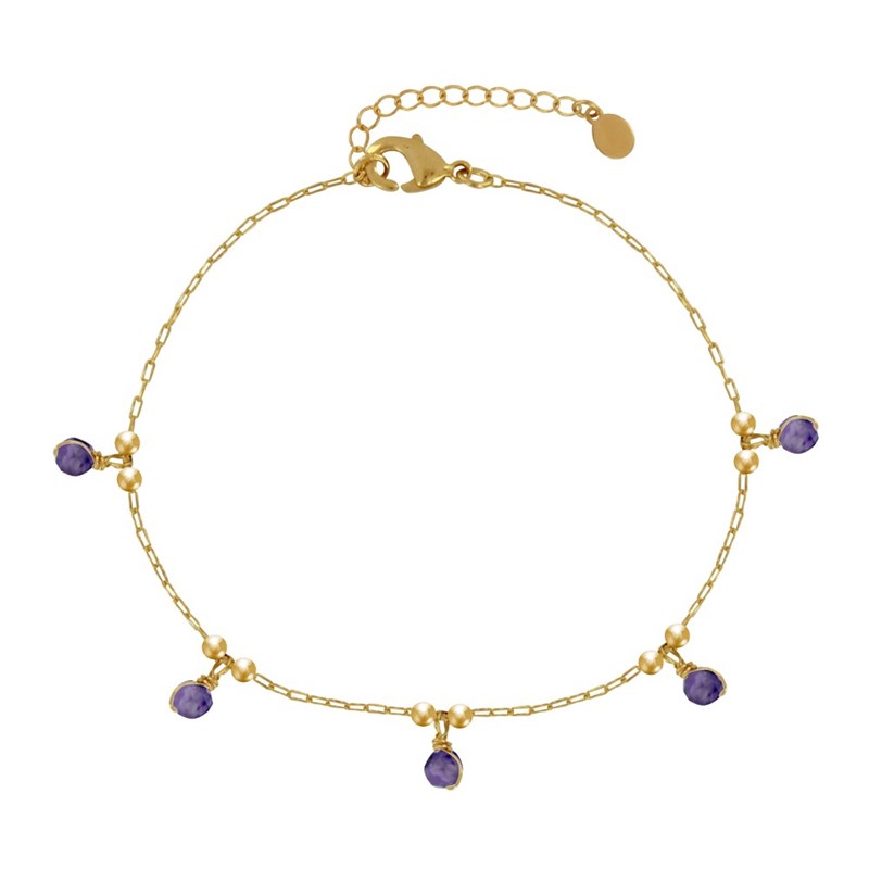 Bracelet Plaqué Or 5 Perles Facettées d'Améthyste