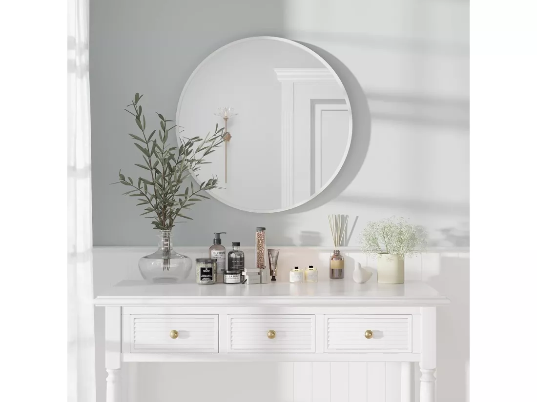 Miroir Rond Mural,60x60cm Miroir HD Moderne en Cadre pour décorer, Salle de Bain, Salon Chambre, Blanc