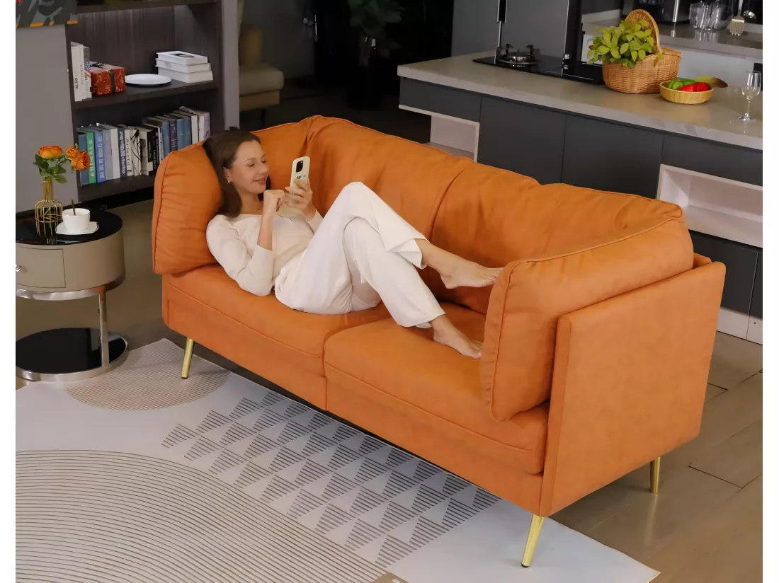 Canapé en simili orange, 2-3 places, avec 56cm coussins d'assise profonds et confortables, 185x76x90cm