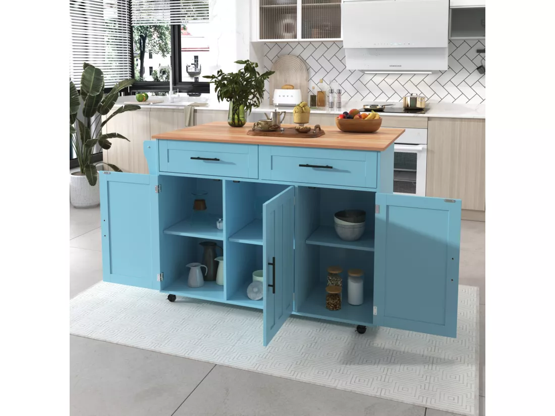 Desserte de cuisine, Chariot de table 129x76x91,5cm, plateau rabattable, étagères intérieures, îlot de cuisine, blanc + bleu