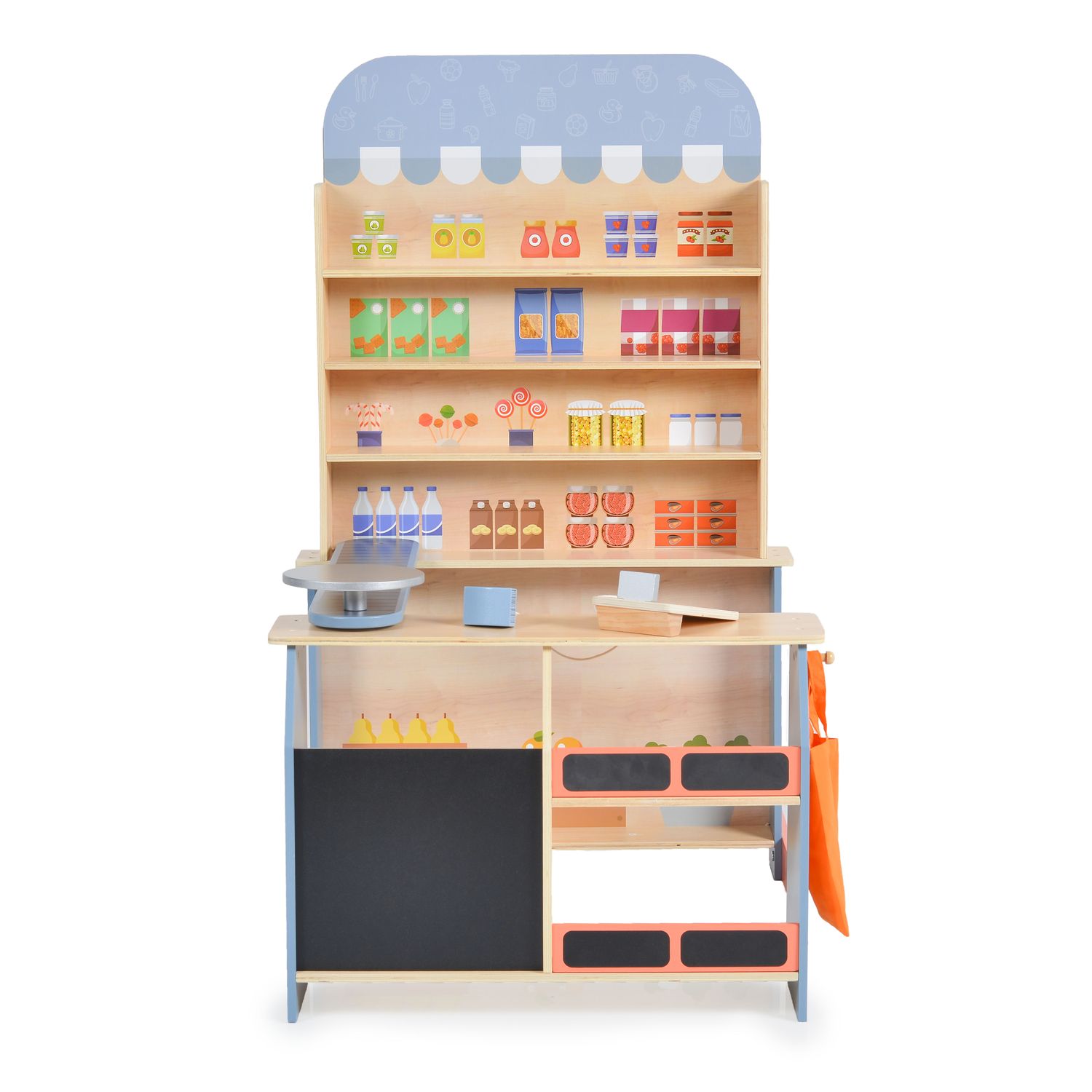 Moni Kinder Kaufladen 4426 Holz, Supermarkt, Tafel, Tasche, Kasse mit Scanner blau