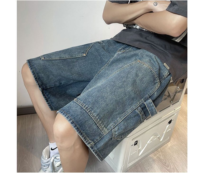 Whyessa - Low Rise Washed Wide Leg Cargo Denim Shorts