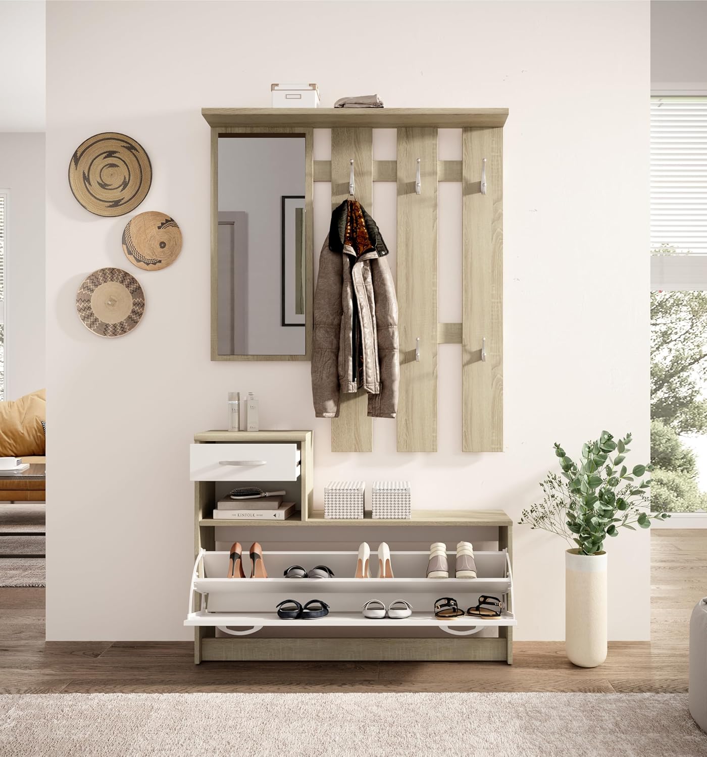 Vera Garderobe mit Spiegel weiß matt - Kompaktgarderobe Korpus Eiche Sonoma Nachbildung - 100 x 190 x 26 cm (B/H/T)