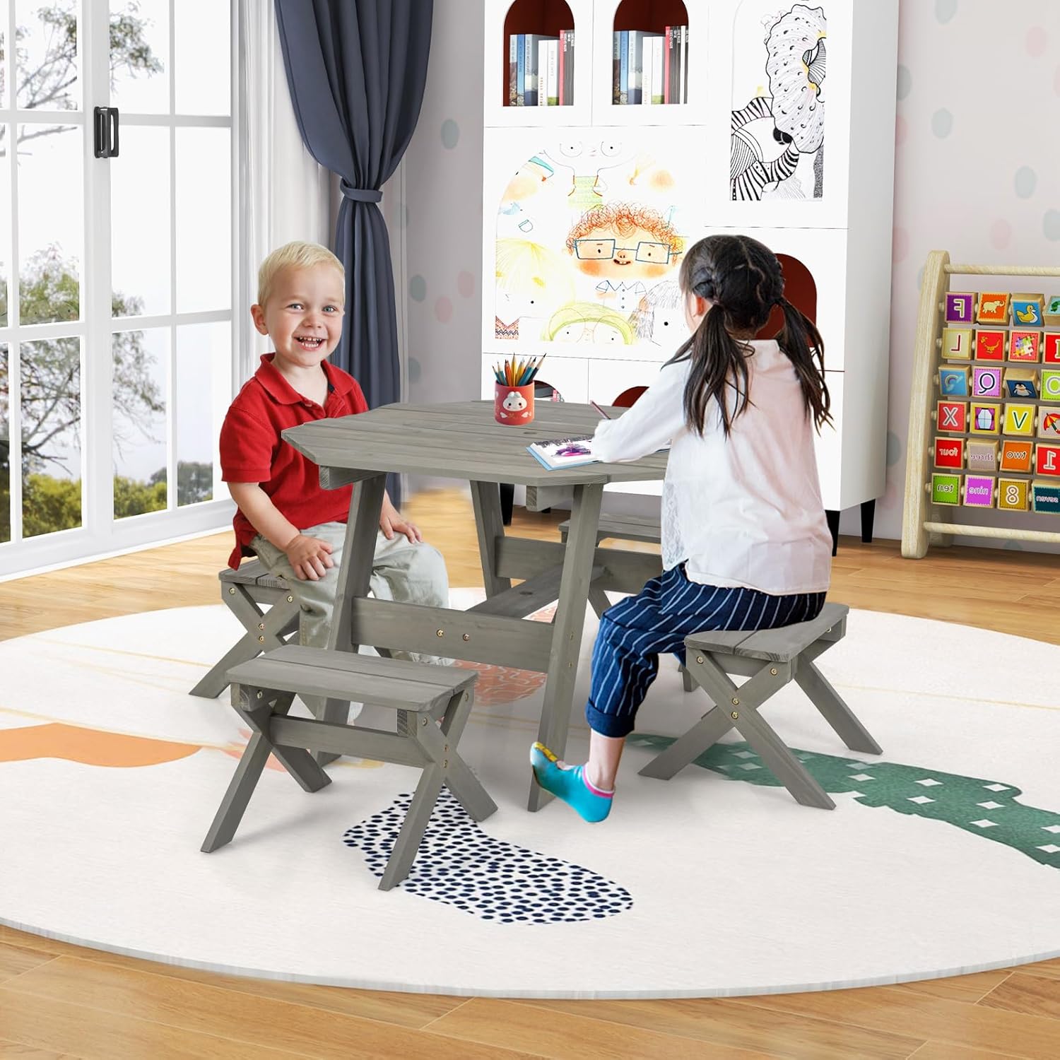 COSTWAY Kindersitzgruppe Outdoor, Kinder Picknicktisch mit 4 Stühlen und Sonnenschirm, Kindersitzgarnitur aus Holz, Sitzgarnitur, Sitzgruppe, Gartenmöbel für Garten, Hinterhof, Terrasse (Grau)