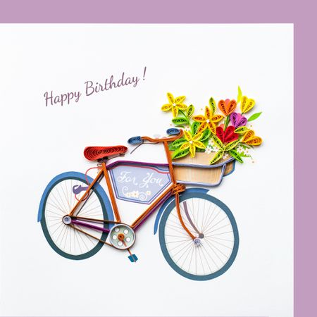 Paper Quilling Karte Fahrrad Happy Birthday  violett