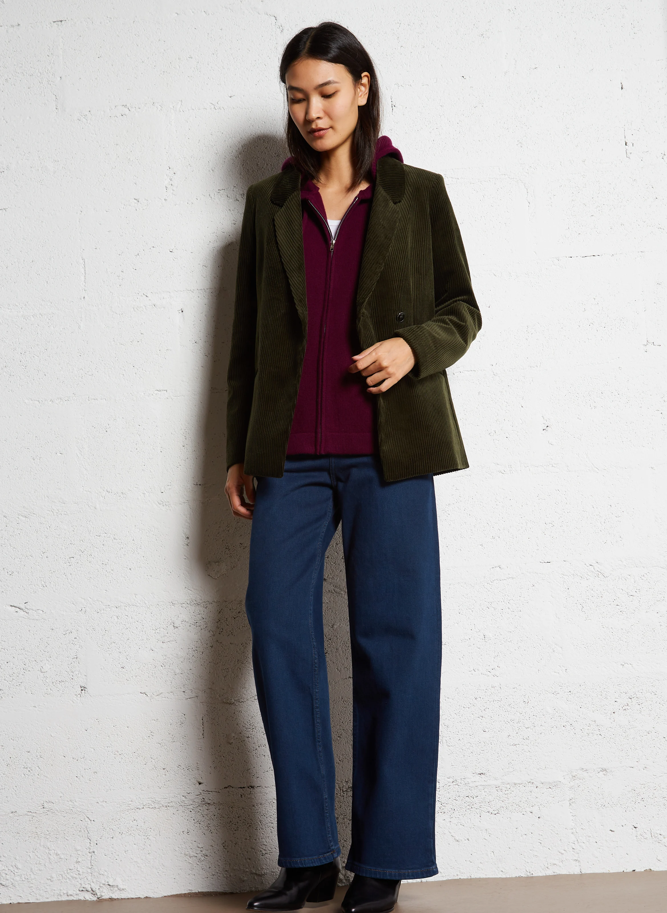 VIGG - Veste de tailleur droite en coton velours | Kaki