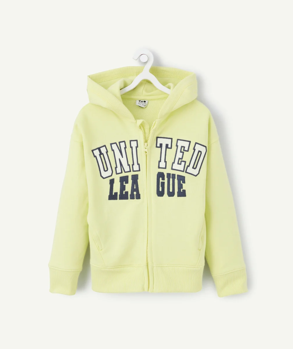 sweat zippée à capuche garçon en coton bio jaune acide