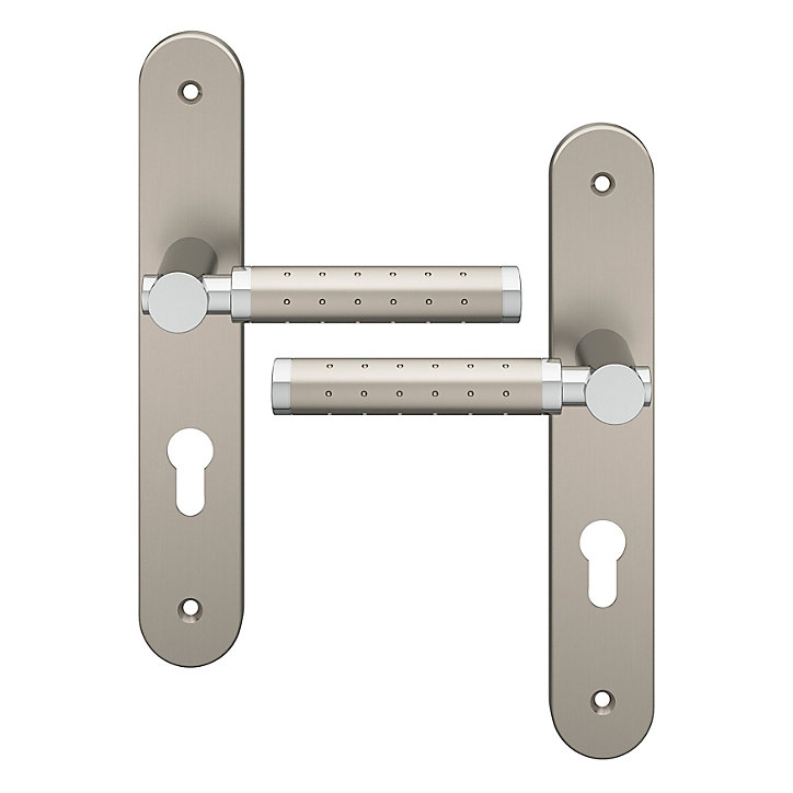 Ensemble poignée sur plaque rondcylindre GoodHome Brigg effet chrome et nickel satin gris L.132mm x l.40mm entraxe 195mm