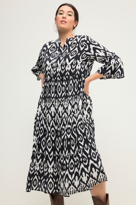 Maxikleid, A-Line, Black&White Print, Tunika-Ausschnitt, 3/4-Ärmel