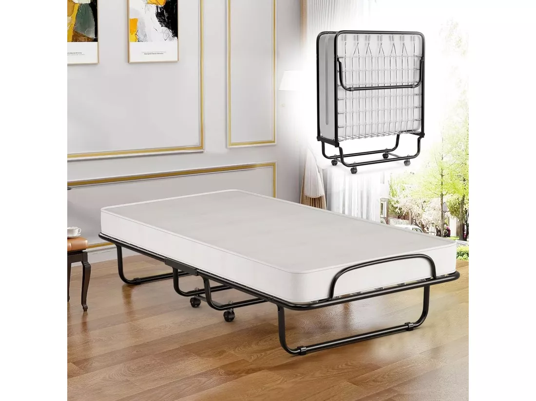 Lit Pliant 1 Personne Adulte 80 x 190 cm avec Matelas Orthopédique en Mémoire 10 cm, Charge 120 kg, Lit d’Appoint Pliable à 4 roulettes et Sommier en Métal pour invités, Blanc