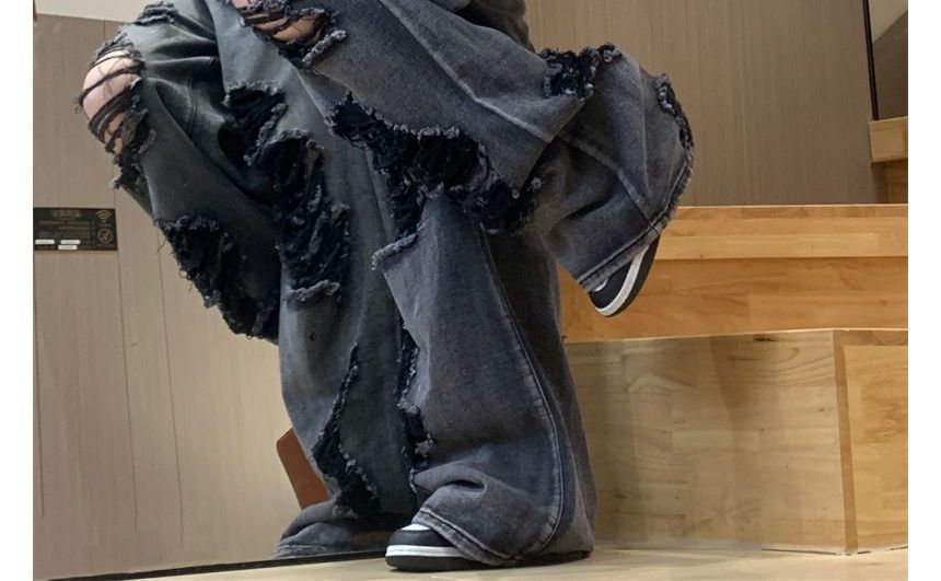 RONIN - Mid Rise Distressed Washed Wide Leg Jeans