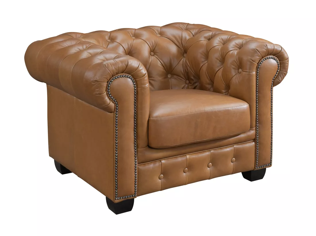 Canapés chesterfield 3 places 2 places et un fauteuil BRENTON 100% cuir de buffle premium - Caramel vintage