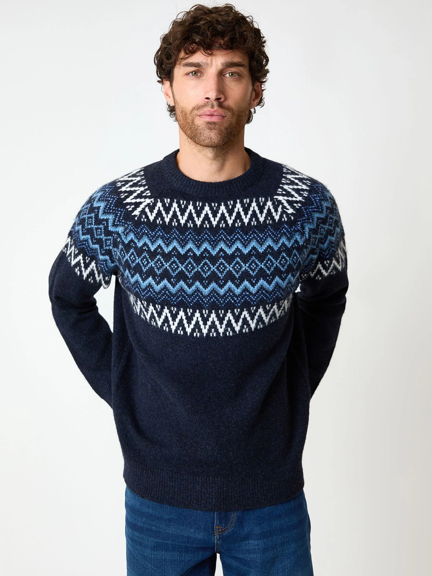 Marineblauw - Threadbare Kersttrui met raglanmouwen en fairislemotief