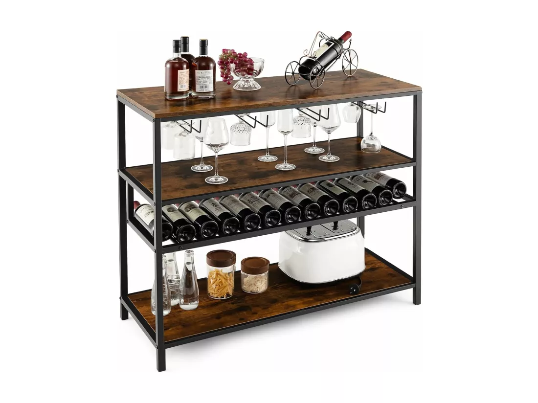 Étagère à vin 13 bouteilles, porte-bouteille avec 4 rangées porte-verres, marron rustique
