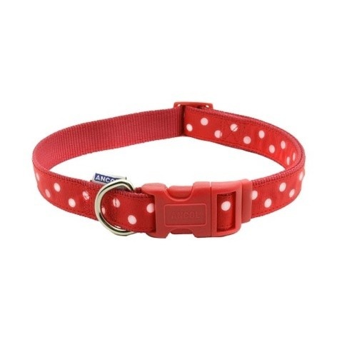 Coleira ajustável Ancol em nylon com estampa de bolinhas vermelhas e brancas para cães.