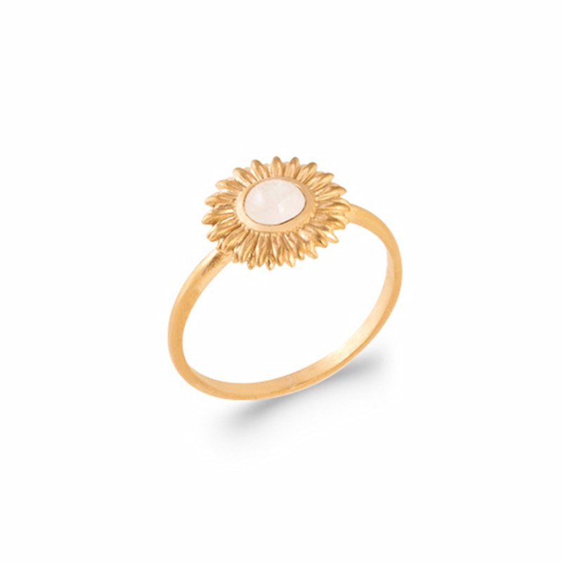 Bague Petite Fleur Pierre de Lune Plaqué Or Pierre Blanche