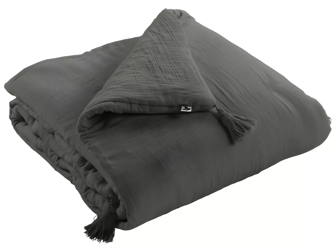 Édredon 150 x 150 cm en gaze de coton gris avec 4 pompons - PEPA