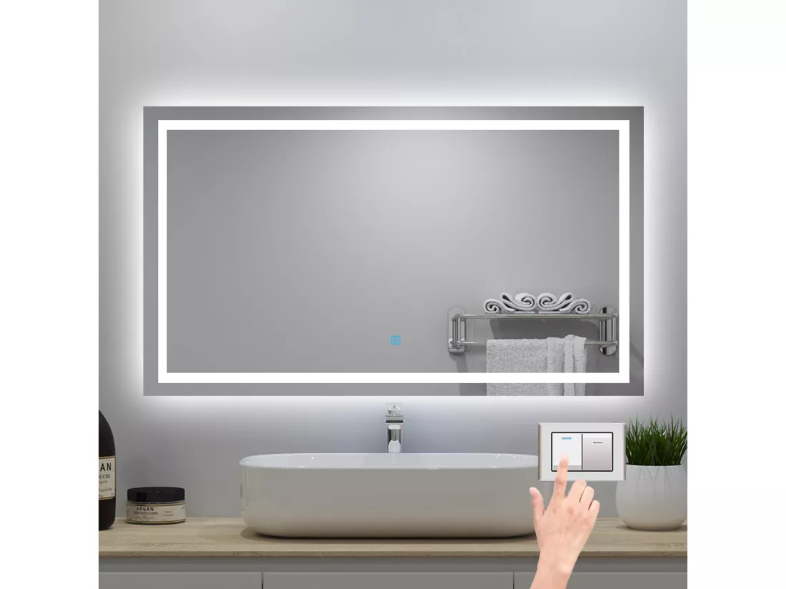 Miroir de salle de bain lumineux l.120 x H.70cm avec Anti-buée + 3 Couleurs + Dimmable, Mural Miroir lumineux